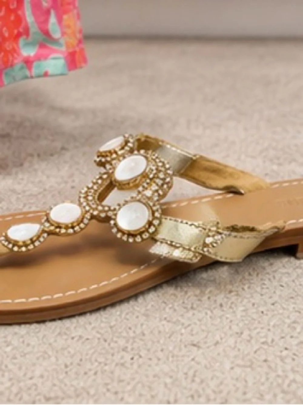 Mystique Embellished Gold Thong Sandals | Rhinestone Shell Accent | Sz 8